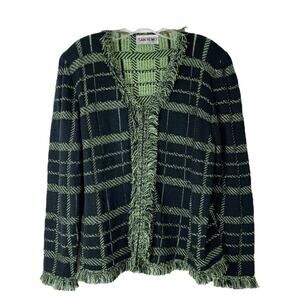 Vintage green black plaid fringe holiday preppy zip cardigan sweater XL